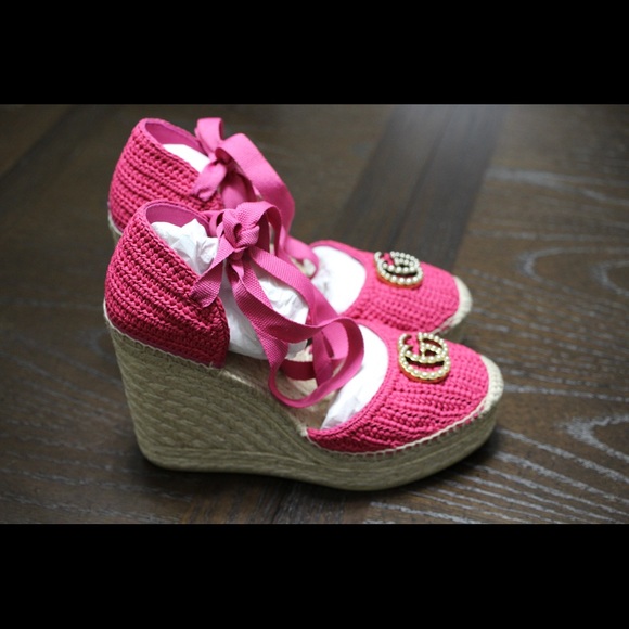 GUCCI Pink woven wedge sandals 38 IT - Picture 2 of 8